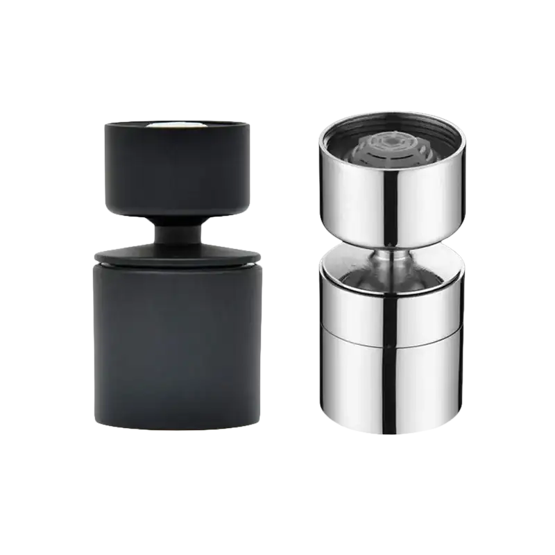 Two faucet aerators, black and silver.