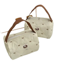 Two quilted, cream-colored handbags with brown handles.