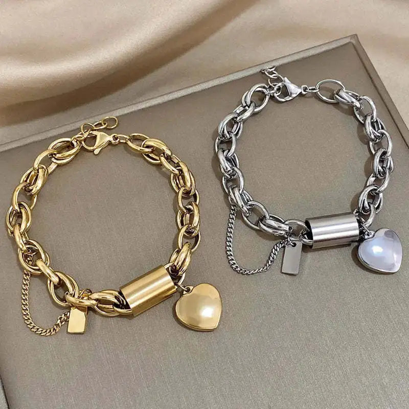 Peach Heart Stainless Steel Cuban Link Bracelet