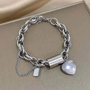 Peach Heart Stainless Steel Cuban Link Bracelet - Silver