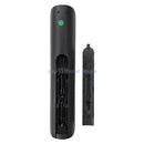 Black remote control with battery compartment open.