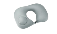 Gray inflatable travel neck pillow with dimensions for portable comfort rest