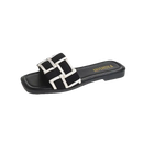 Black and white woven slide sandal.