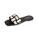Black and white woven slide sandal.