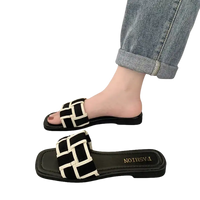 Black and white woven slide sandals.