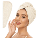 Cream-colored hair towel wrap.