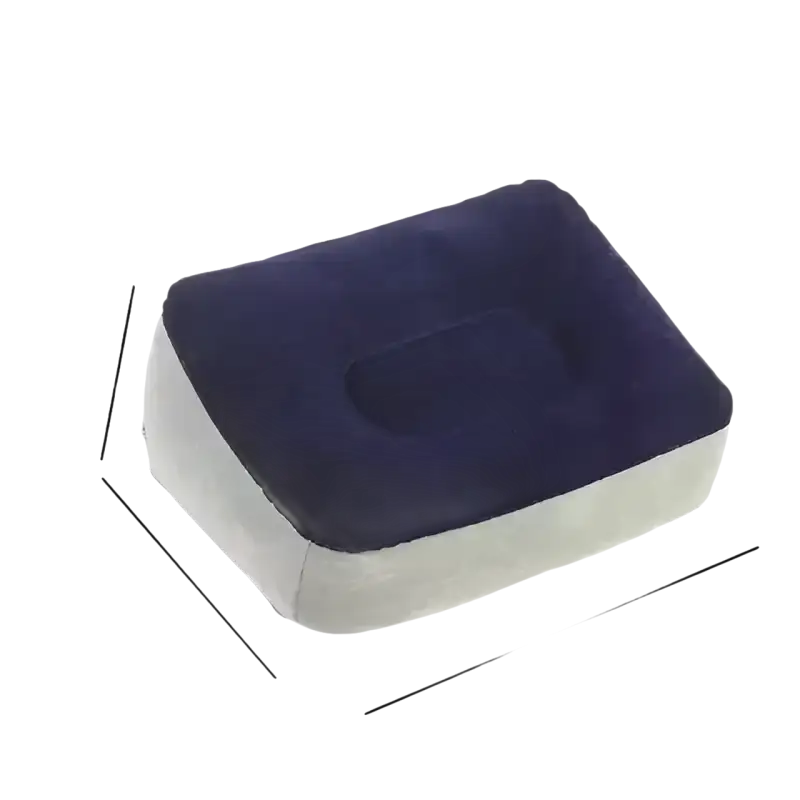 Blue and gray inflatable footrest with dimensions, perfect for Toughage Tri-Cushion use