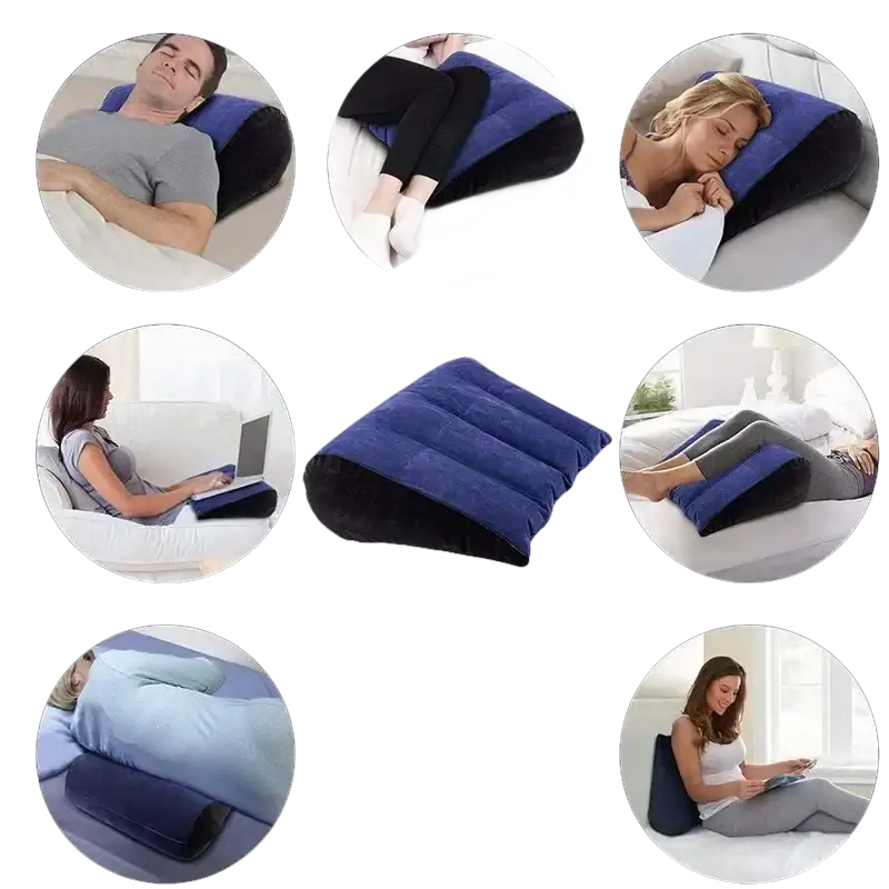 Inflatable blue wedge pillow from Toughage Tri-Cushion, a trendy multifunctional pillow toughage
