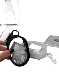 Clear zippered pouch with charging accessories.
