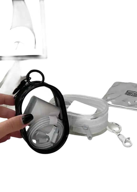 Clear zippered pouch with charging accessories.