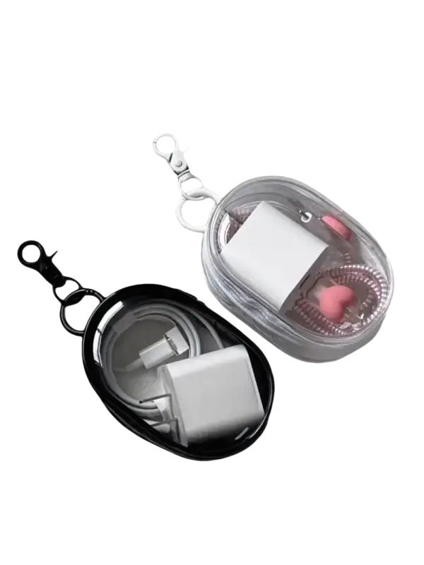 Two clear, oval-shaped pouches with charger and cable inside.
