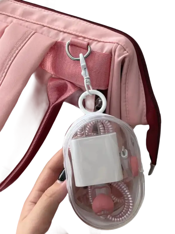 Pink bag with clear charger case.