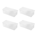 Four translucent Transplo Boxes for pasta, pens, and desk organizing in a transparent plastic desktop setup