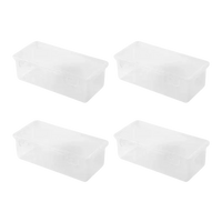 Four translucent Transplo Boxes for pasta, pens, and desk organizing in a transparent plastic desktop setup
