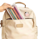 Trendy beige backpack with pencils in Transplo Box for transparent plastic desktop fun