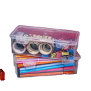Two clear Transplo Boxes for pasta and pen organizing in a transparent plastic desktop