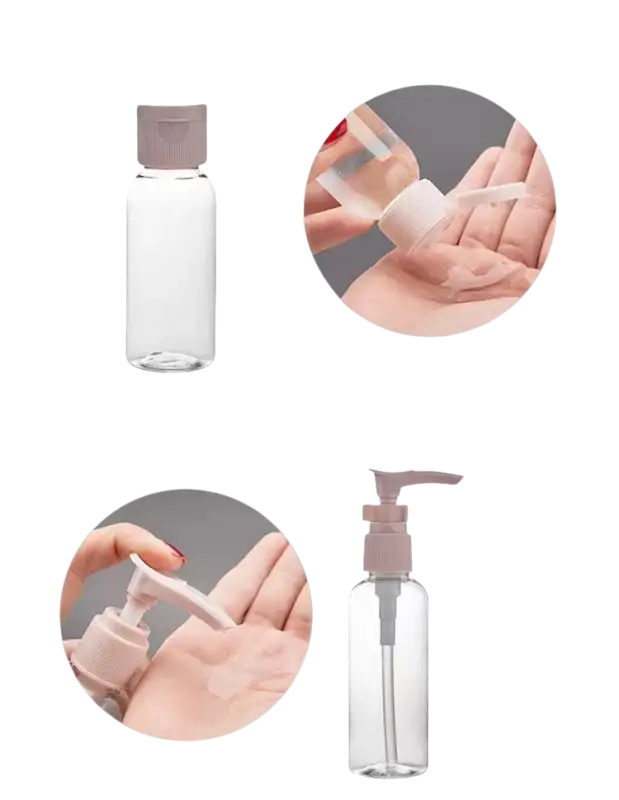 Clear plastic travel bottles.