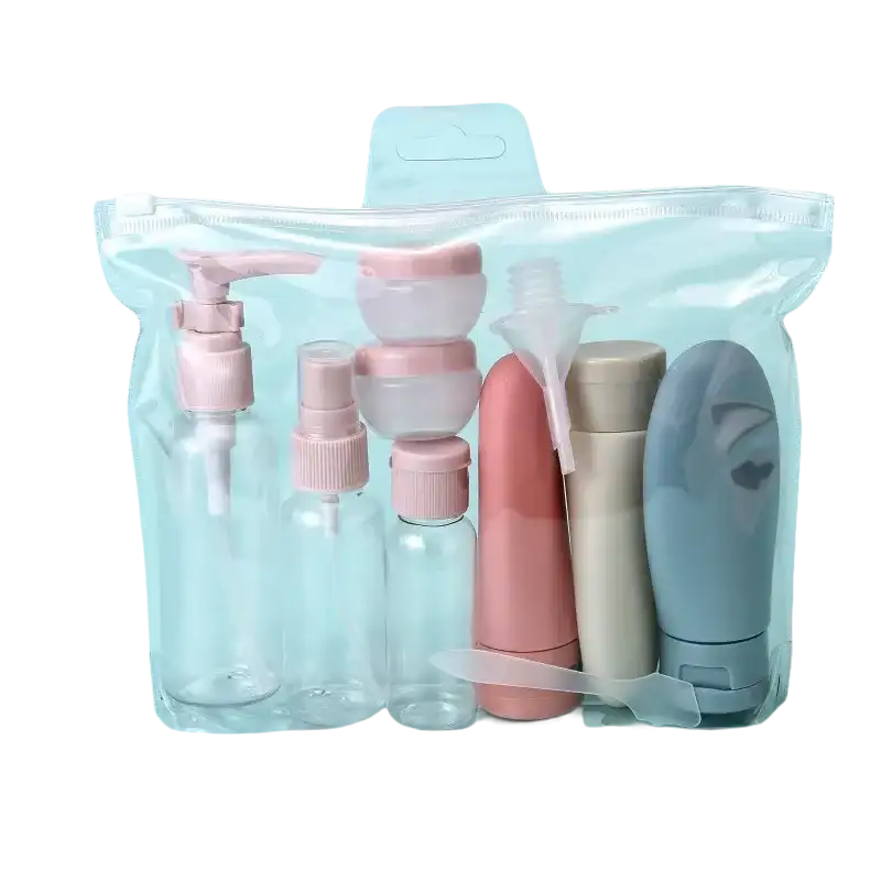 Clear travel toiletry bag with assorted containers.