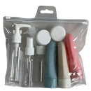 Clear travel toiletry bag with assorted containers.