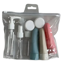 Clear travel toiletry bag with assorted containers.