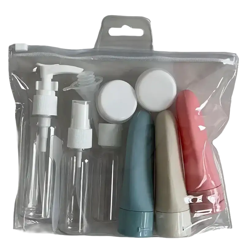 Clear travel toiletry bag with assorted containers.