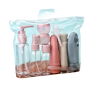 Clear travel toiletry bag with assorted containers.