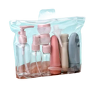 Clear travel toiletry bag with assorted containers.