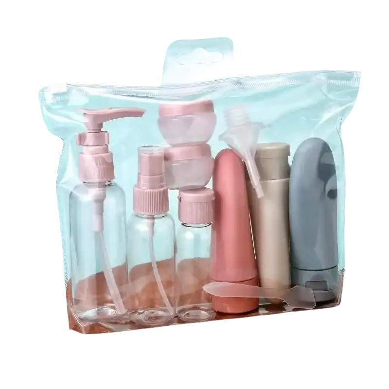 Clear travel toiletry bag with assorted containers.