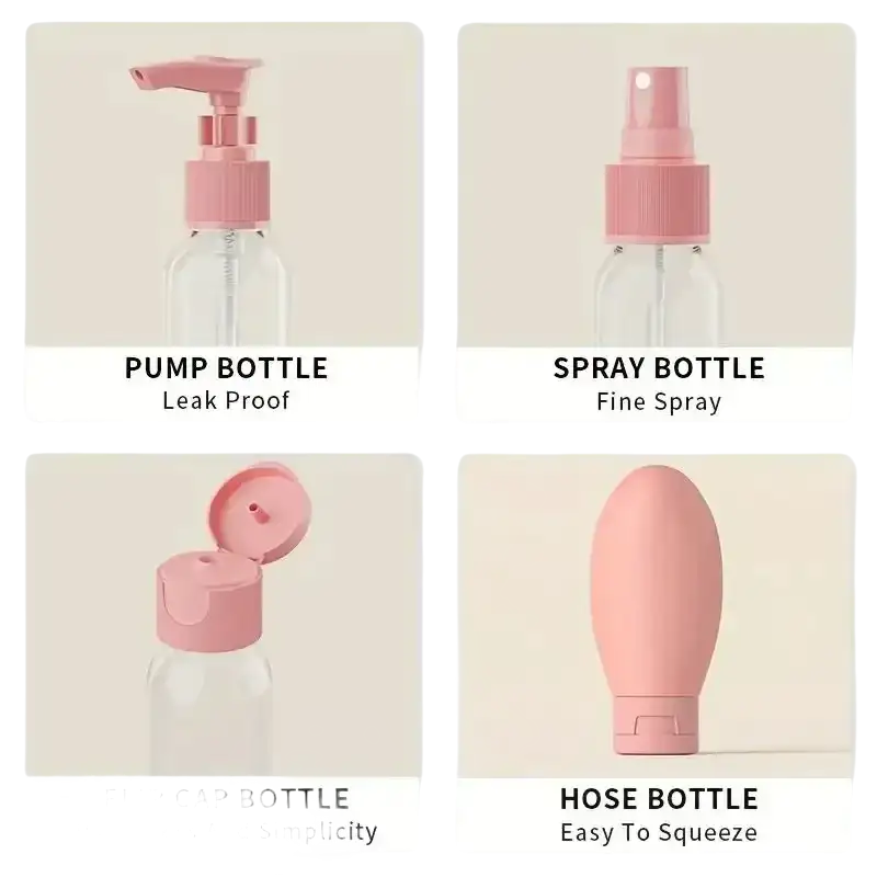 Four travel-sized cosmetic bottles.