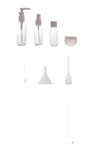 Travel-sized toiletries set with dimensions.