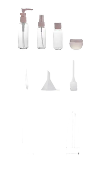 Travel-sized toiletries set with dimensions.