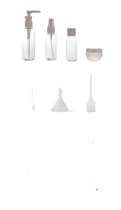 Travel-sized toiletries set with dimensions.