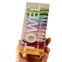 Box of individually wrapped, colorful compressed towels.