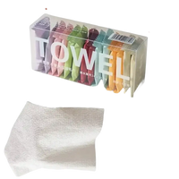 Individually wrapped towels in a clear box with dimensions.