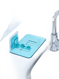 Blue plastic drain soap holder for trendy bathroom storage and funky style