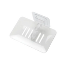 Trendy blue drain soap holder with clear plastic soap dish and adhesive mount for bathroom storage