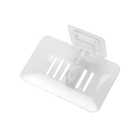 Trendy blue drain soap holder with clear plastic soap dish and adhesive mount for bathroom storage