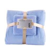 Blue towels with ribbon and tag from Trendy Coral Bath Set, highly absorbent 2pc bath towels set