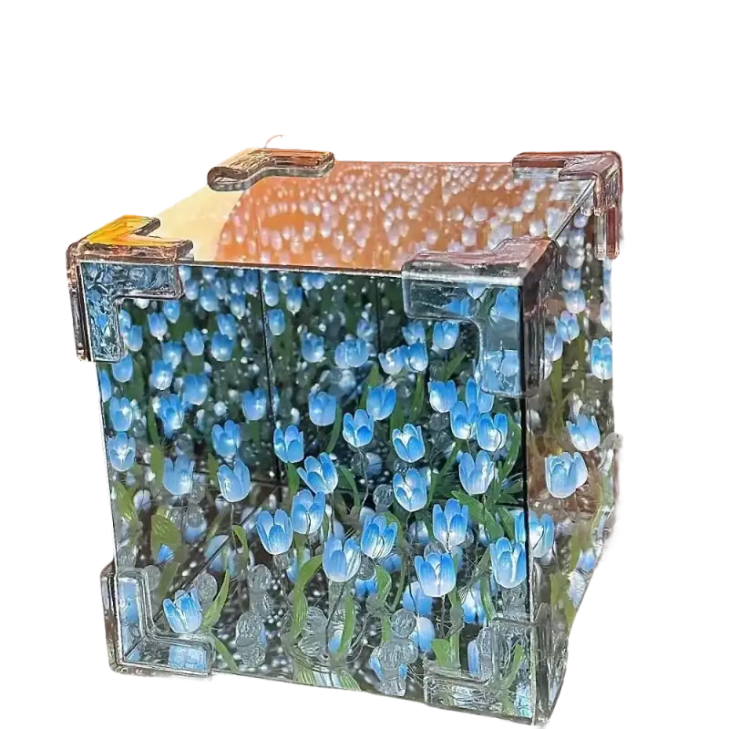 Colorful flowercube lamp with blue tulip design, perfect DIY tulip mirror decor in a mirror cube lamp style