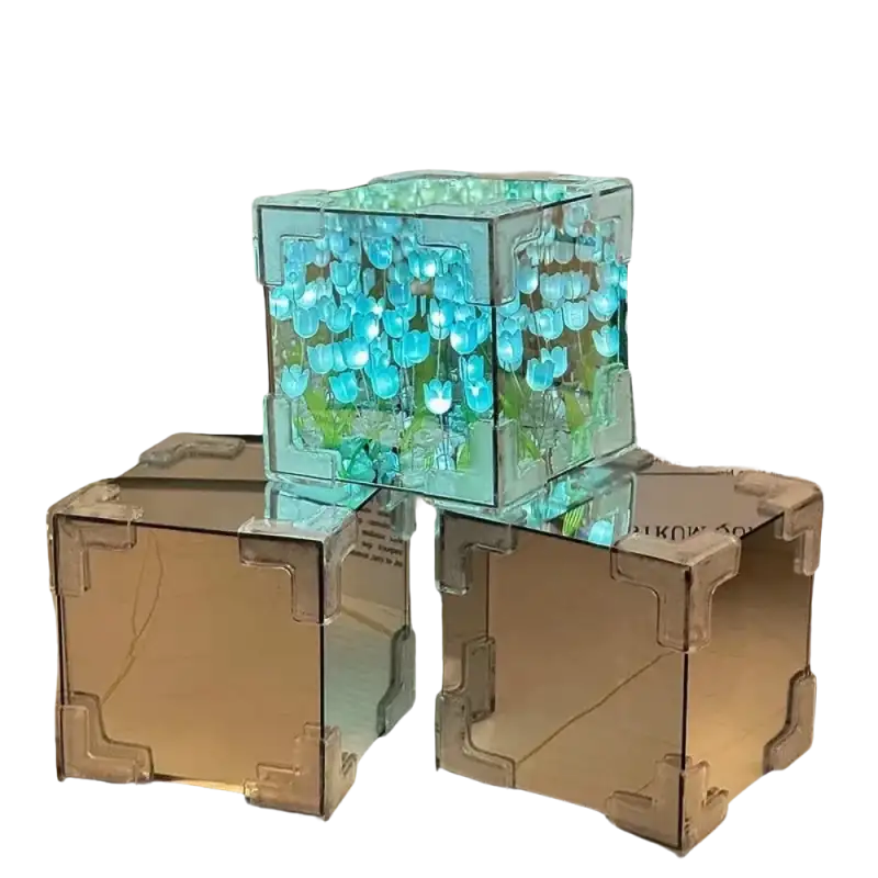 Illuminated flowercube lamp with diy tulip mirror on mirror cube lamp setup