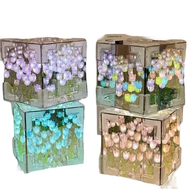 Illuminated flowercube lamp with tulip design, trendy diy tulip mirror decor