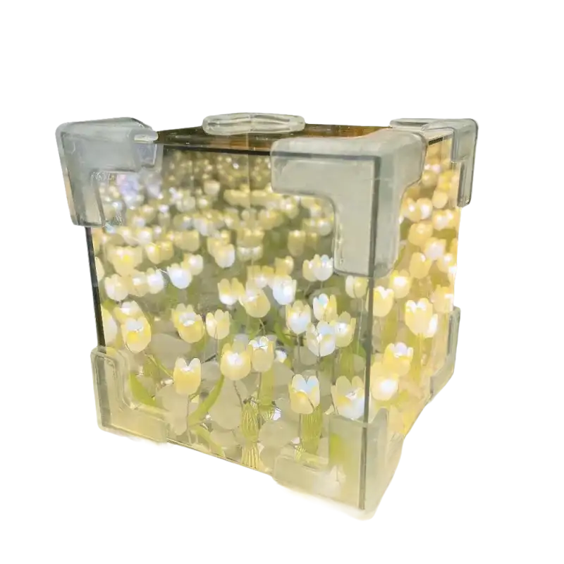 Illuminated tulip infinity cube from Trendy Flowercube Lamp with Tulip Mischief, perfect for diy tulip mirror decor