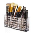 Three-compartment makeup brush holder in diamond chic bathroom with patterned mirror cabinet