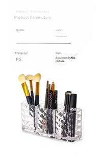 Transparent makeup brush holder in a diamond chic bathroom with a trendy patterned mirror cabinet