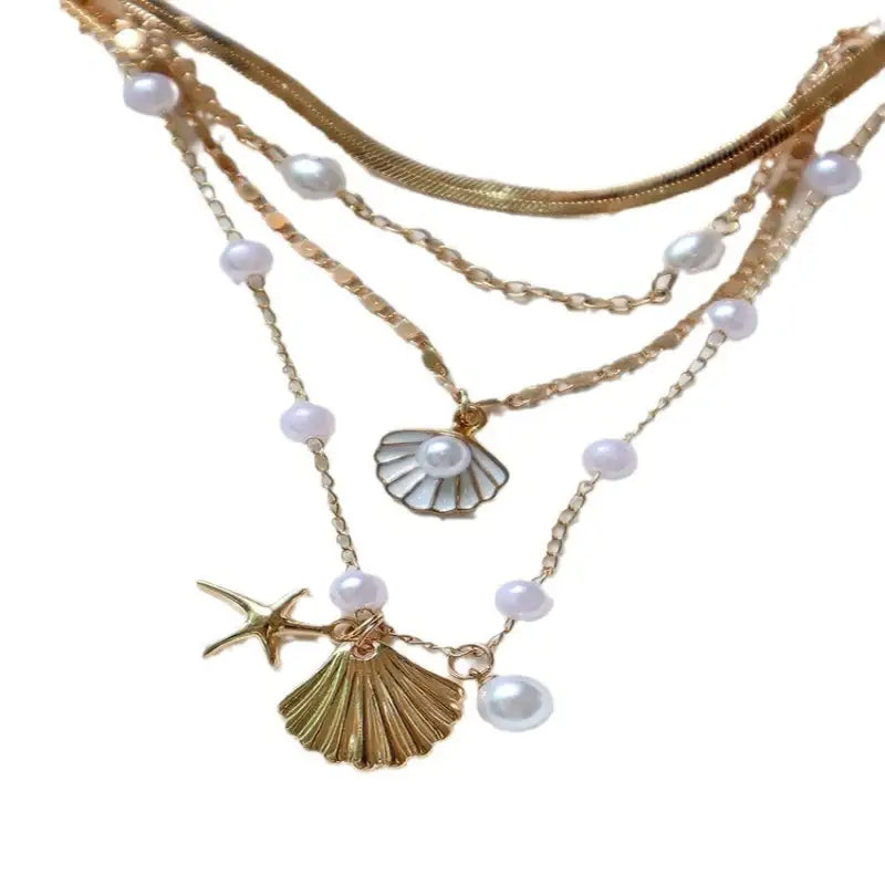 Trendy Pearl Seashell Layered Gold Necklaces Style