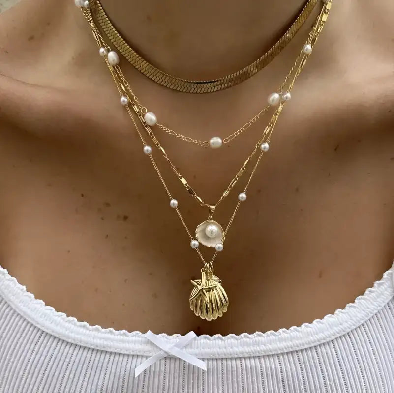Trendy Pearl Seashell Layered Gold Necklaces Style