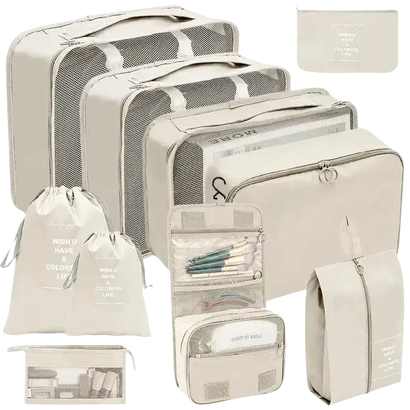 Beige trendy set travel organizer for stylish travel storage and organization