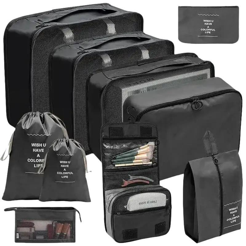Black trendy set travel organizer for stylish travel storage and organization