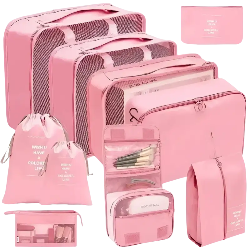 Pink travel organizer set with stylish storage bags for your travel organizer storage needs