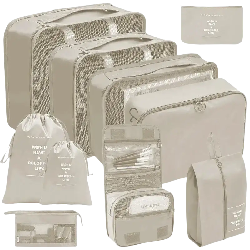 Beige travel organizer set with organizer storage bags for your wild trips